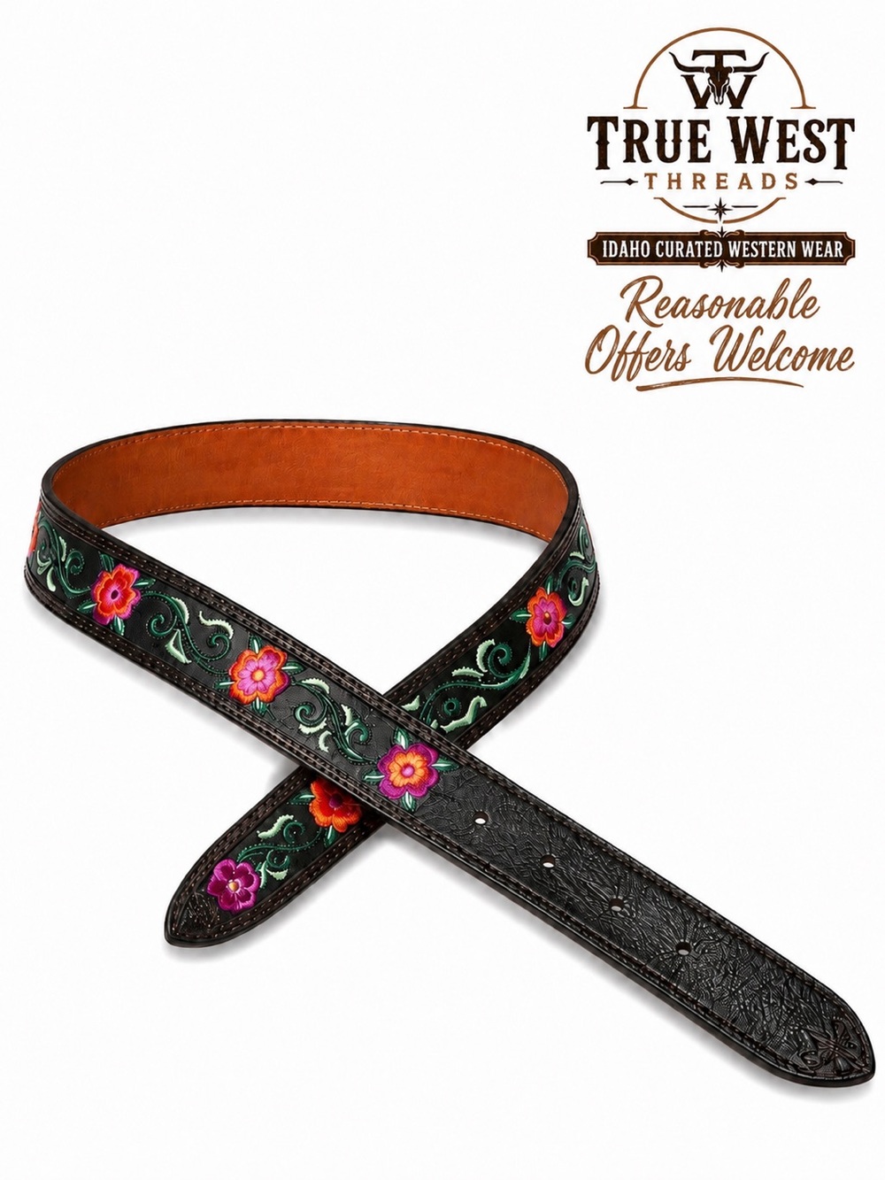 Justin Western Floral Embroidered Leather Belt Black “No Buckle” Size 30”